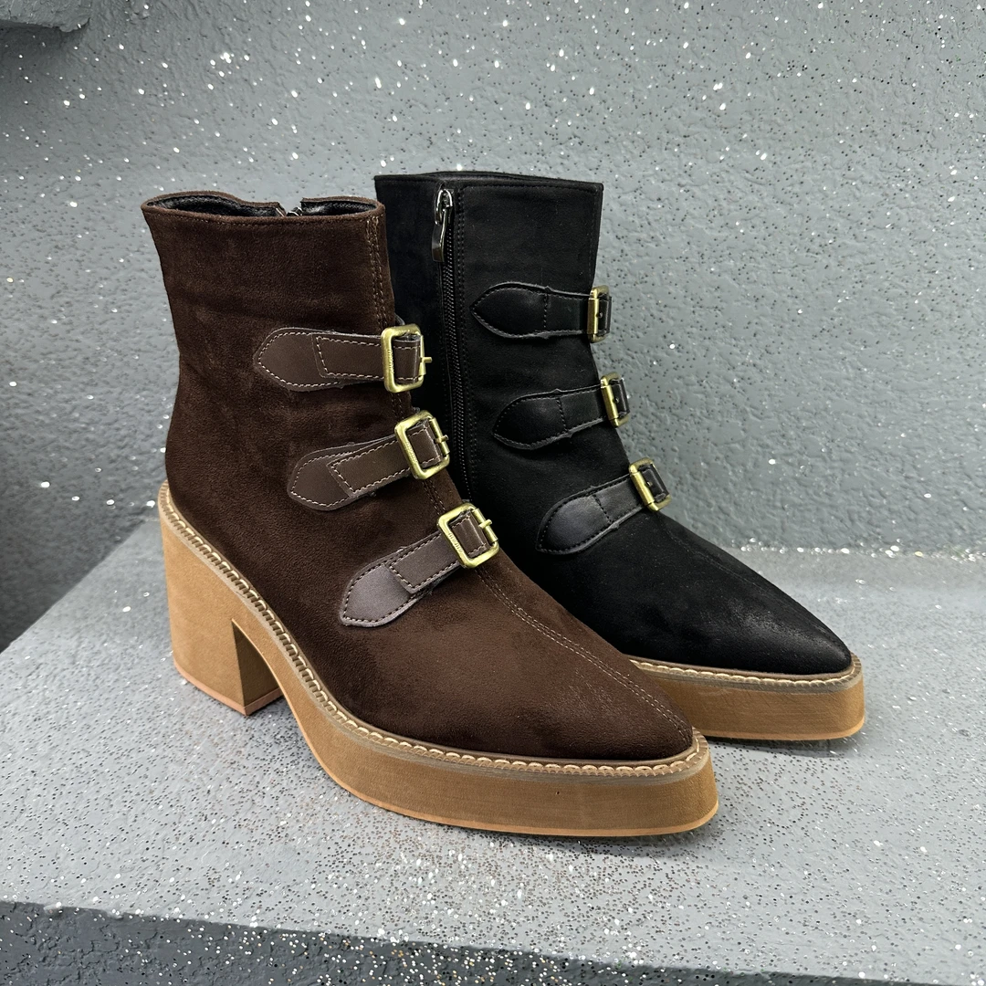 523-7短靴高跟时尚秋冬厚底女靴靴子筒靴粗跟系带英伦黑色