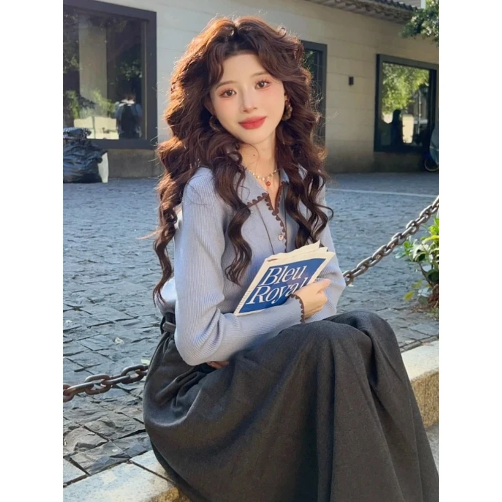 独特漂亮超好看翻领蓝色毛衣春装2025新款宽松内搭打底针织W1-45