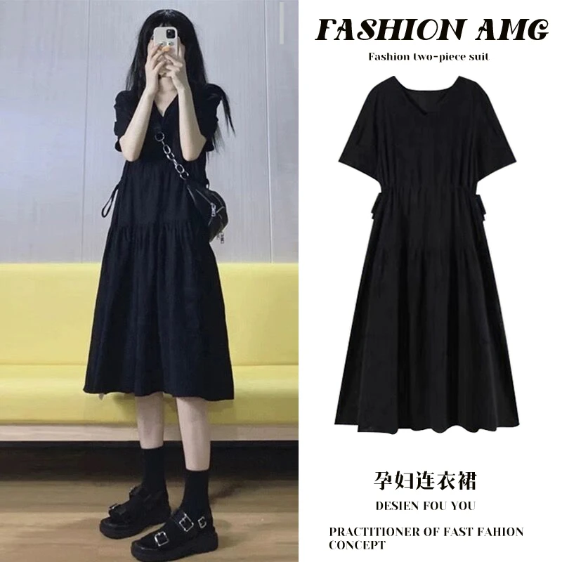 孕妇夏装连衣裙2025新款设计感宽松V领赫本风小黑裙孕妇装夏装