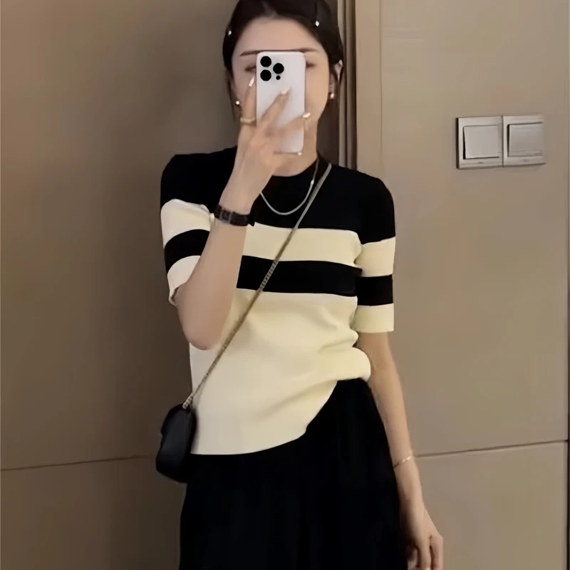2025春夏季新款条纹短袖T恤针织衫女款半袖修身显瘦内搭打底上衣