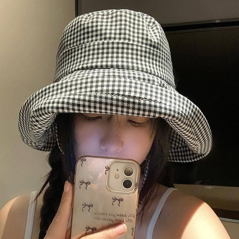 千鸟格渔夫帽女夏季韩版uv防紫外线遮阳防晒帽大帽檐遮脸太阳帽TJ