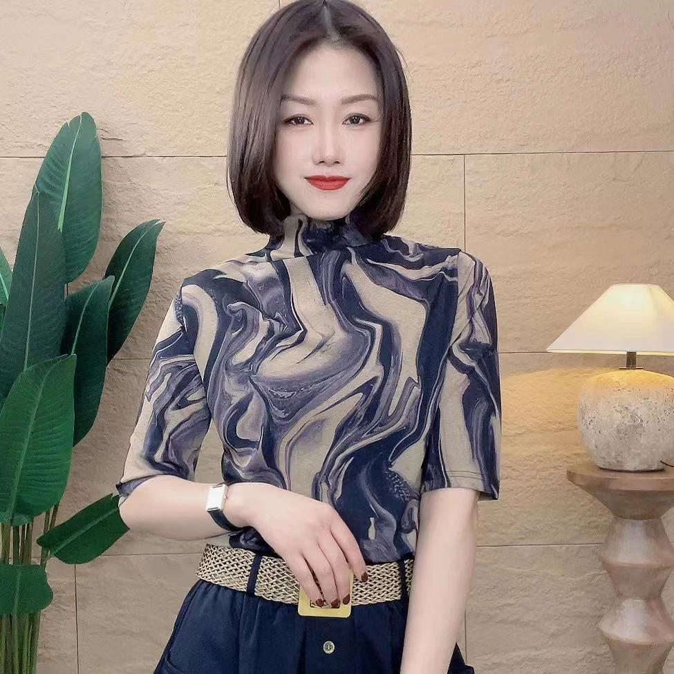 2488春季新款印花百搭t恤时尚半高领五分袖洋气显瘦气质打底上衣