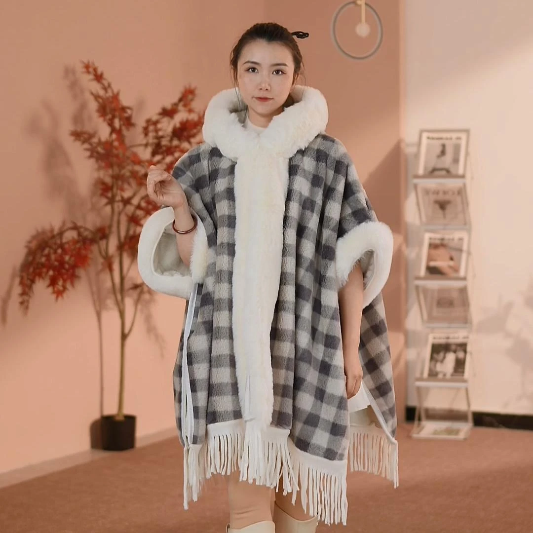 秋冬简约加绒加厚冬季披肩格子长款毛领连帽披风时尚百搭流苏9012
