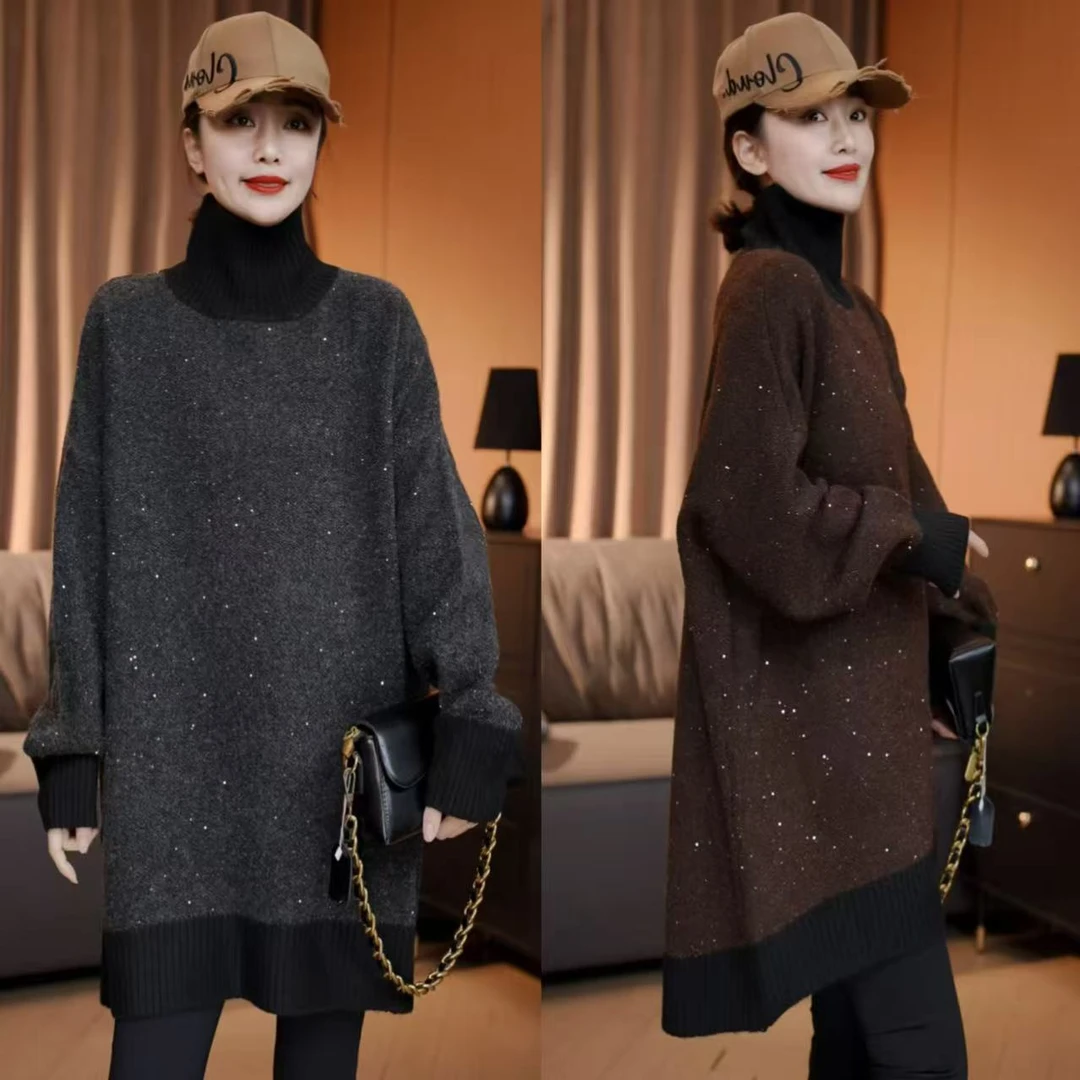 欧货高领拼色亮晶晶加厚针织衫上衣时尚显瘦气质韩版慵懒风毛衣