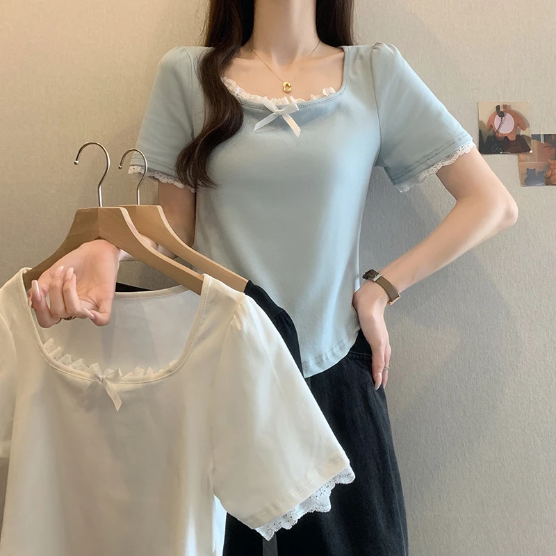 显瘦大码夏季法式蝴蝶结蕾丝花边拼接方领正肩女T恤气质