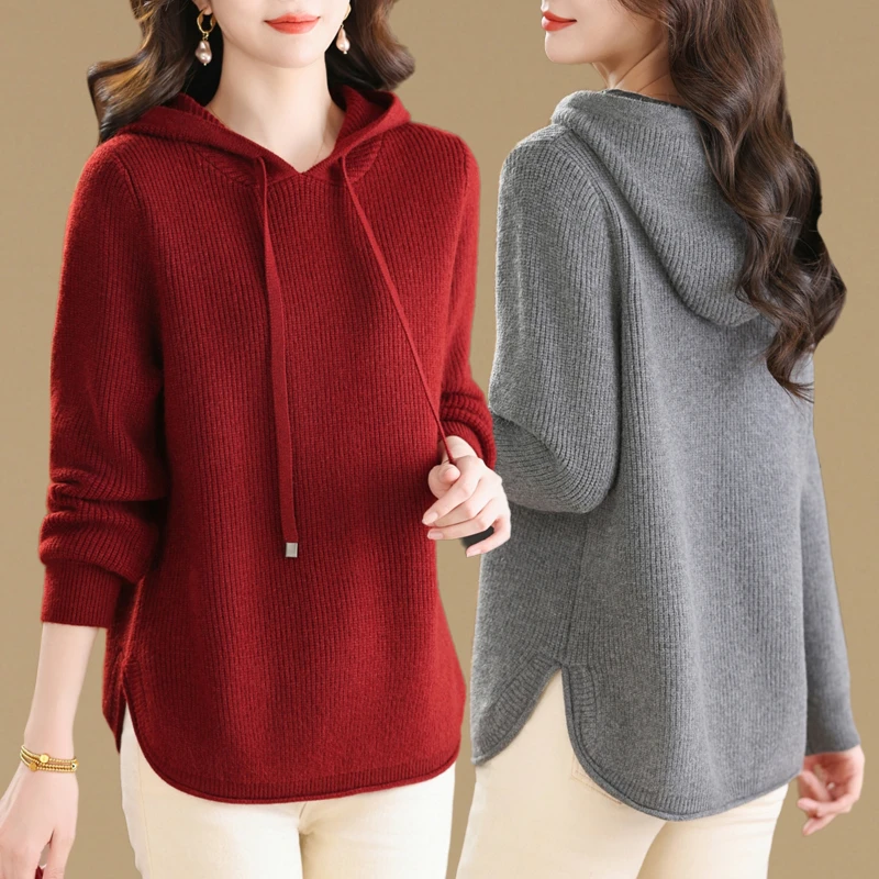 时髦洋气超好看连帽打底毛衣女套头秋冬新款宽松休闲加厚针织帽衫