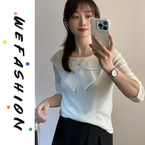 【WE】早秋气质荷叶边蝴蝶结装饰圆领长袖针织衫