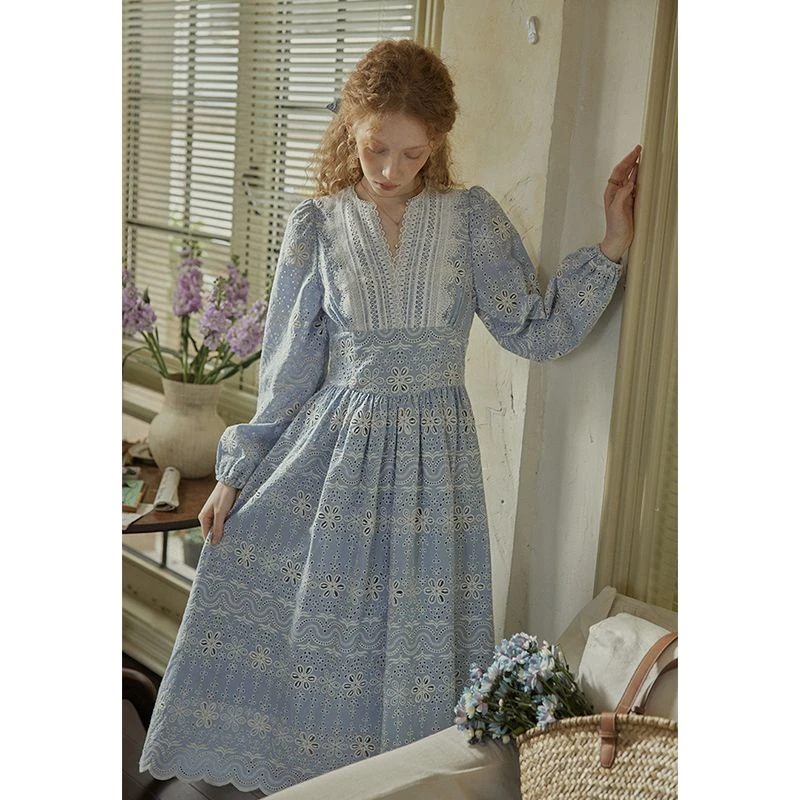 【古典晴空蓝】法式复古连衣裙长裙女春季新款气质淑女长袖显瘦裙子