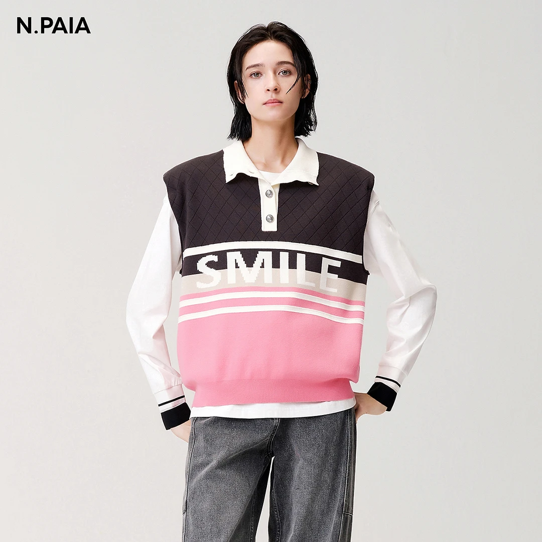 【可可专属】恩派雅提花条纹无袖上衣polo领毛针织衫女XNJPA9003A