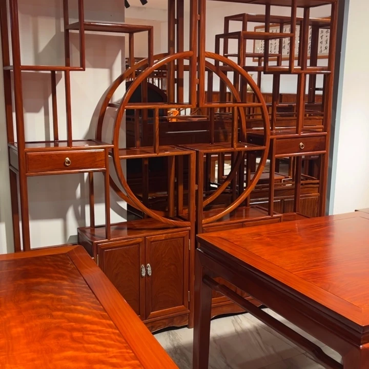 用***8花梨木类案台缅甸花梨木外方内圆博古架