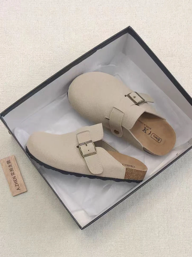 杏色1027勃肯鞋秋冬厚底拖鞋女新款春秋女夏勃肯半拖包头拖鞋