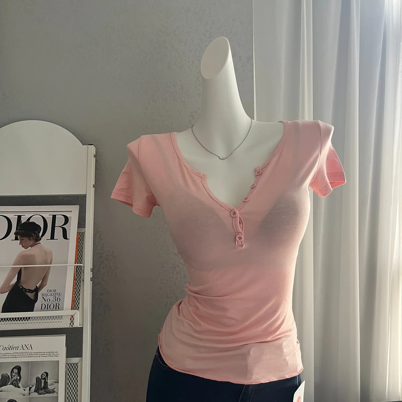 【羊杨阳专属】半开领纽扣短袖T恤女修身显瘦洋气纯欲辣妹打底上衣