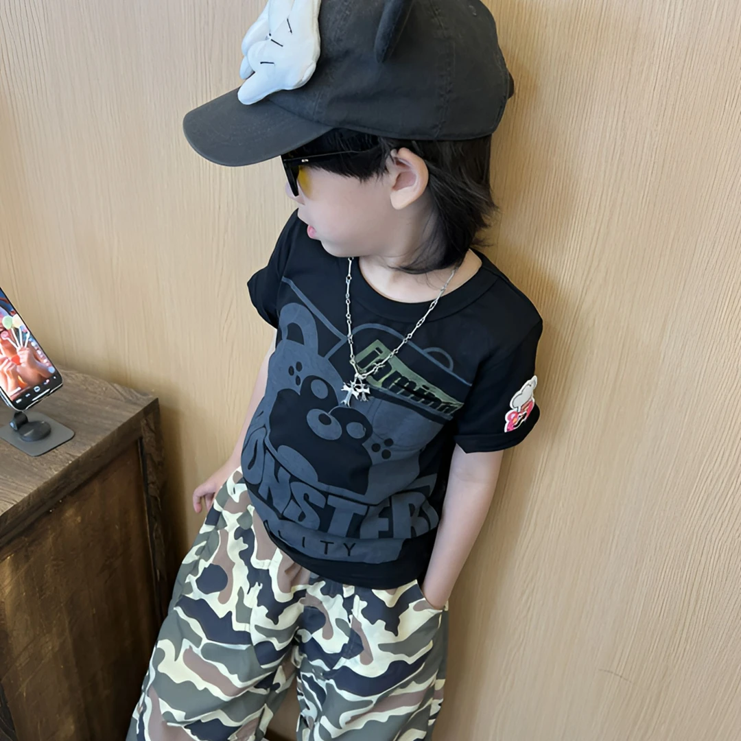 现货令佳潮牌夏季儿童Jam卡通印花贴布圆领洋气短袖t恤纯棉宝宝