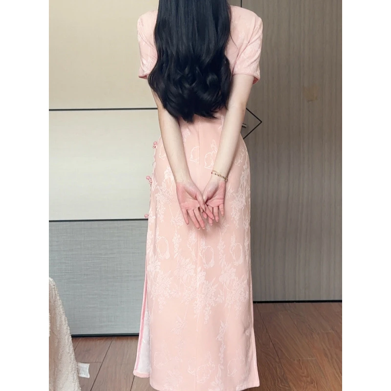 【知夏】夏季新款粉色日常提花改良旗袍小众气质优雅少女新中式