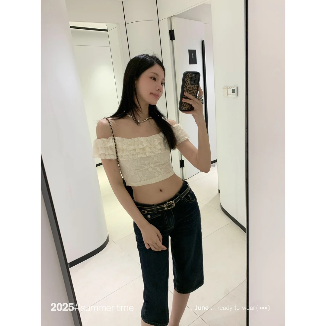 SUNONEONE 蕾丝花边短袖T恤女夏季短款显瘦正肩上衣H1167T