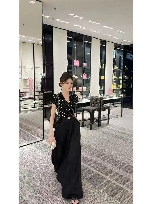 潼潼家【轻奢马赛】时尚套装碎花显瘦气质高腰夏季黑色法式拼接