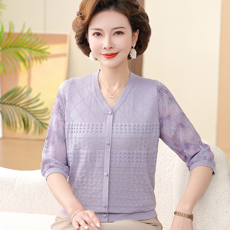 中老年女装春夏季纱袖针织T恤小衫大码妈妈装气质时尚上衣服9507