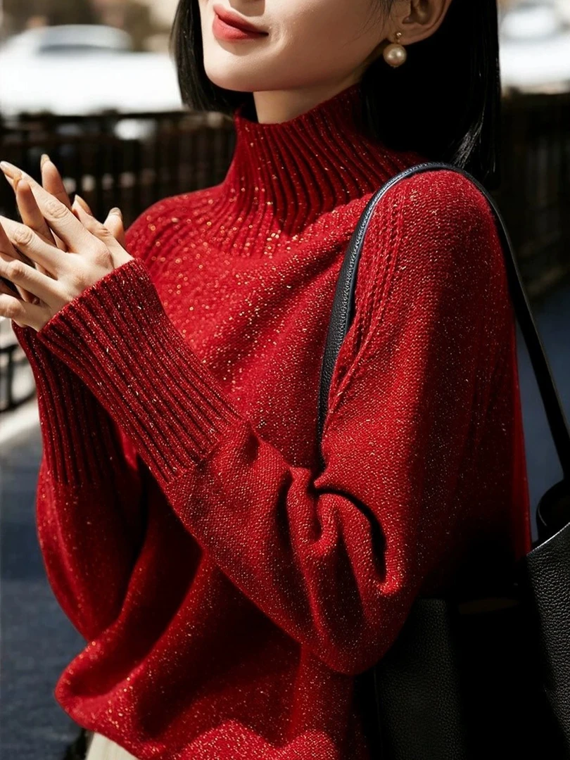 女圆领加厚毛衣蔻菲图2025秋冬新款慵懒风复古气质宽松显瘦打底衫