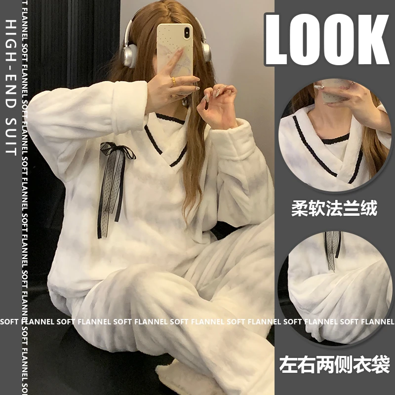 冬季睡衣女长袖法兰绒加厚加绒卡通保暖套装珊瑚绒新款女士家居服