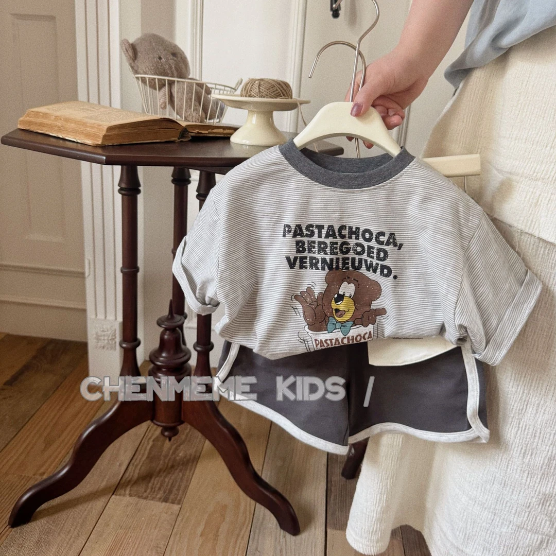 男童新款格调灰调皮熊印花字母炸街必备夏季吸湿排汗组合套装