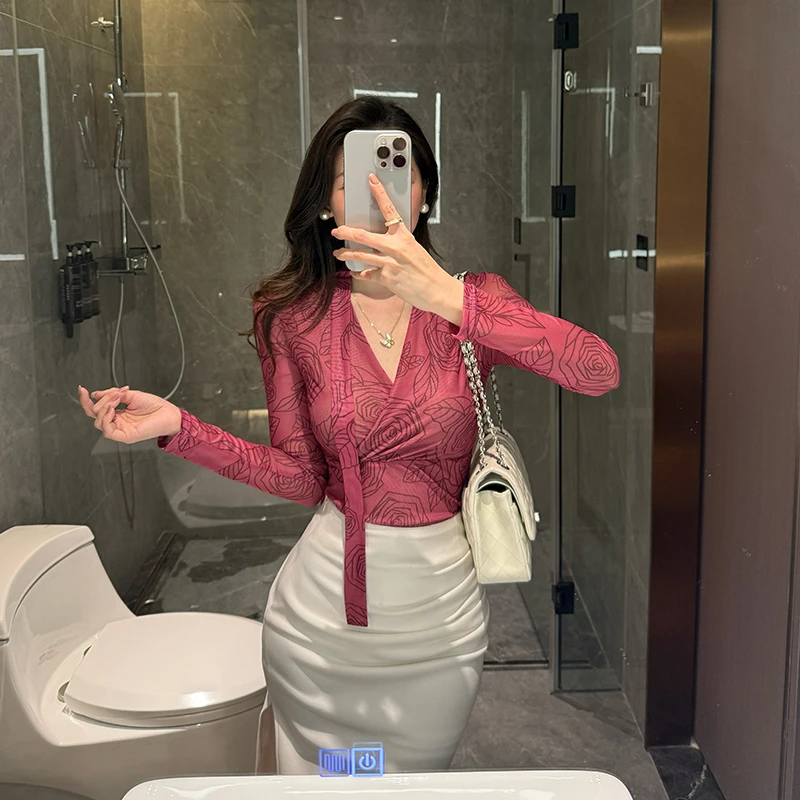 海盐紫网纱修身上衣女夏新款气质女人味交叉V领飘带长袖显瘦T恤女