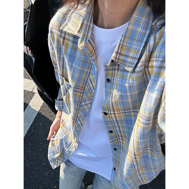 美式复古黄蓝格子衬衫男夏季cleanfit格纹防晒衬衣慵懒感百搭衬衫