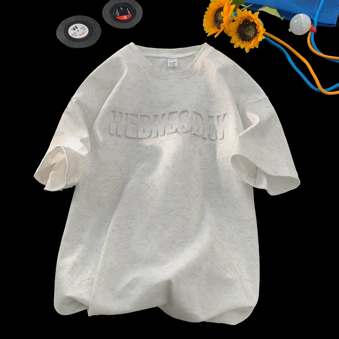 美式重磅钢印字母短袖T恤男款复古砂洗潮牌休闲宽松半袖上衣服男t