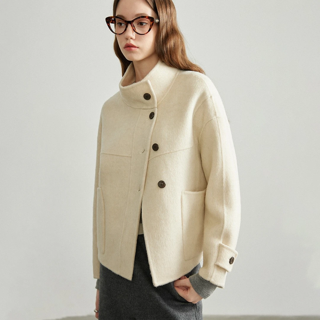 REALISTIQUE实在 羊毛双面呢大衣女短款秋冬高级感立领毛呢外套