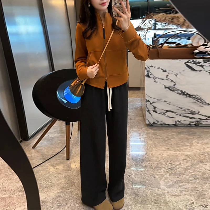 潮流立领拉链设计感长袖外套高腰阔腿裤两件套女2025秋季新款套装