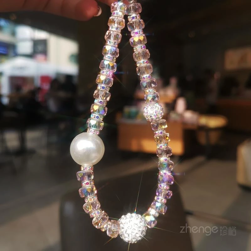 水钻球手链女款ins简约时尚轻奢小清新挂链手机挂绳短款夹片式手