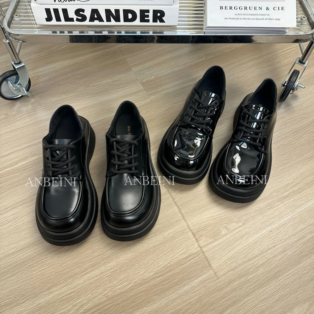 时尚英伦风复古小皮鞋女2025年春季新款松糕底系带圆头乐福鞋单鞋