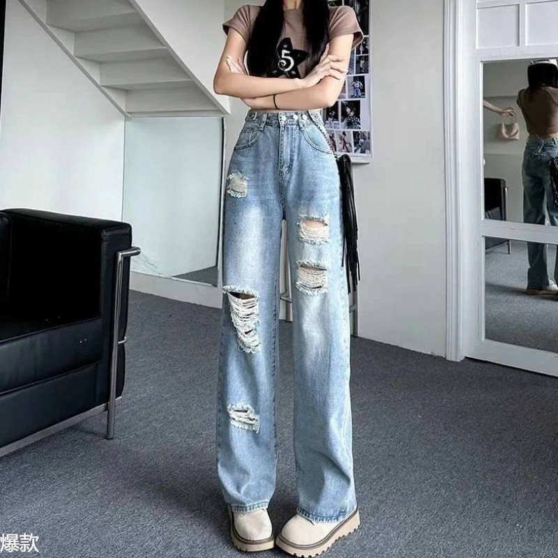 高街复古破洞牛仔裤女春夏季2025年新款高腰显瘦宽松阔腿直筒裤子