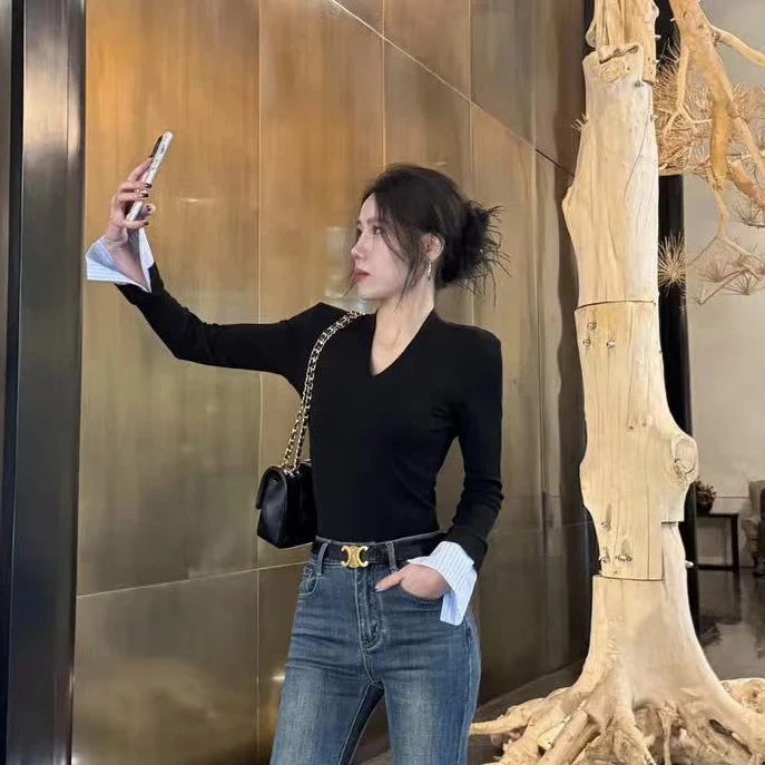 【北北】长袖女法式V领拼接速干轻职风T恤纯色百搭内搭显瘦