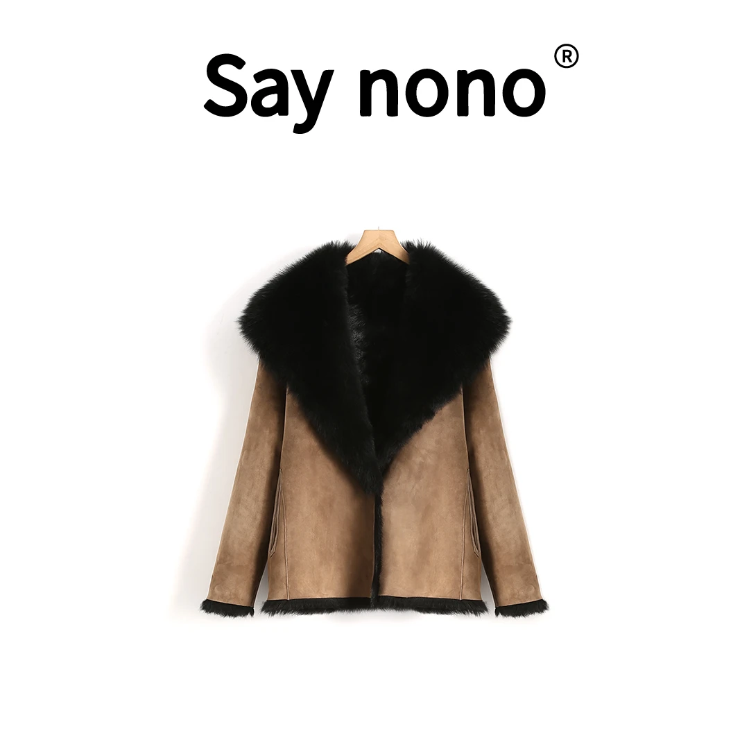 懒猫nono│Saynono 浅驼色绒面板黑毛大翻领托卡/GS24180