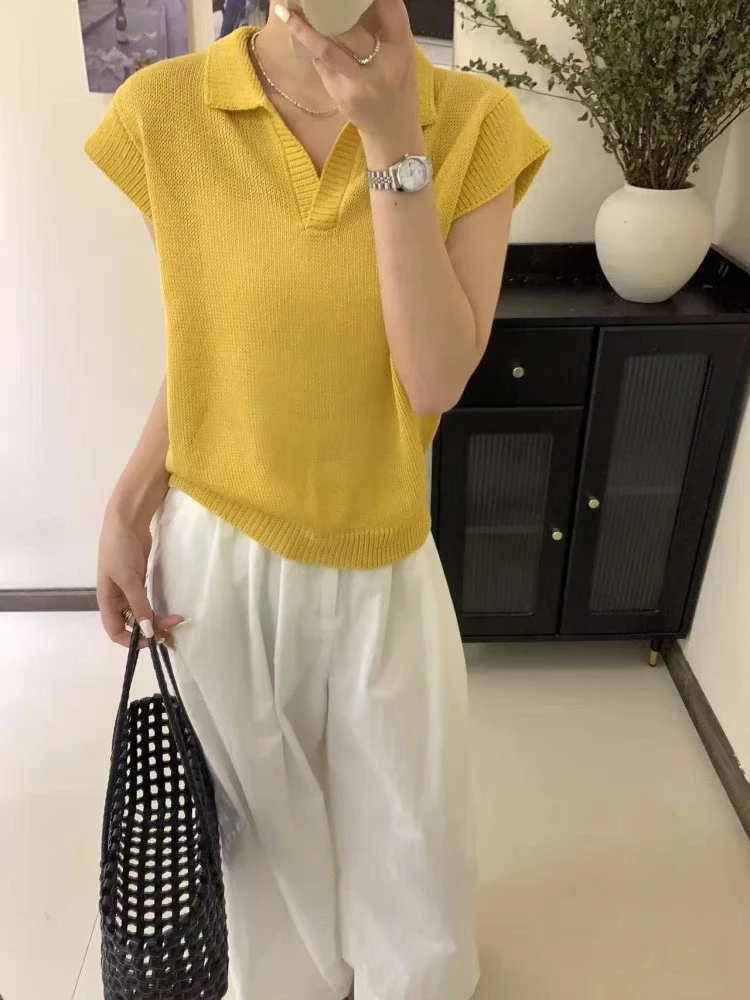 韩版时尚翻领宽松显瘦短袖针织衫98086