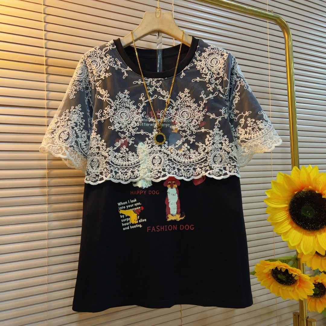 MH蕾丝拼接卡通减龄短袖T恤上衣