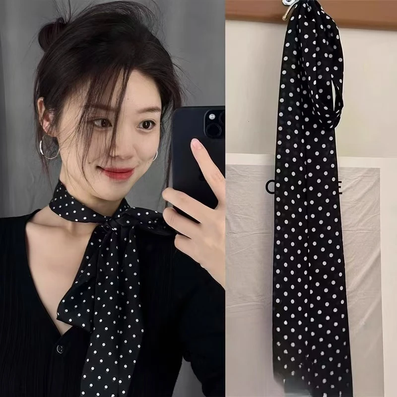 黑色波点丝巾轻奢高档女系脖发带