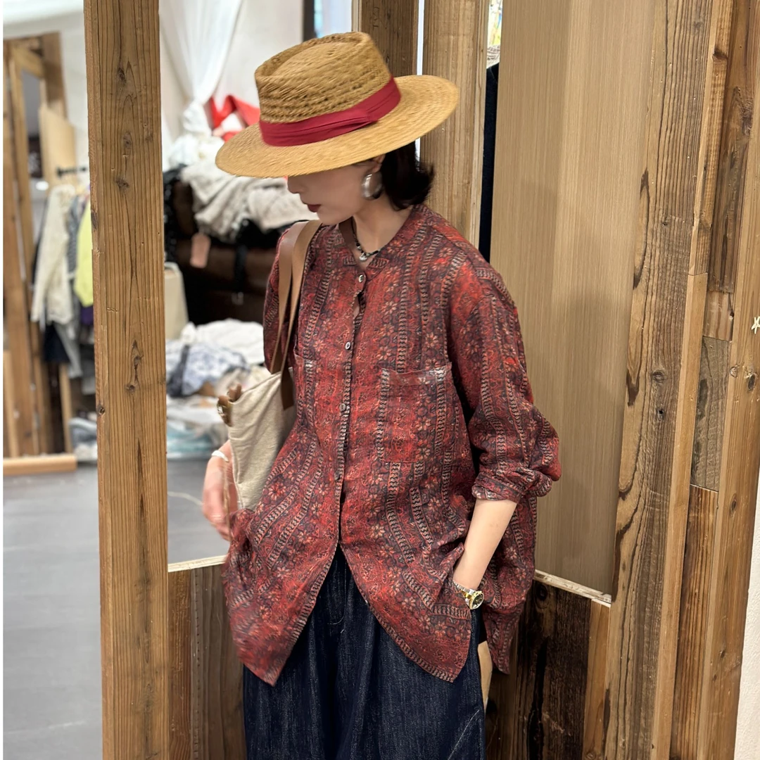 WFF-2665春夏款天然苎麻衬衣女百搭休闲时尚印花显瘦苎麻衬衫