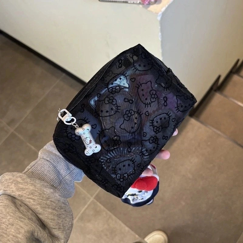 荞芬可爱kitty网纱补妆包日用便携外出数据线杂物收纳包便携拿包