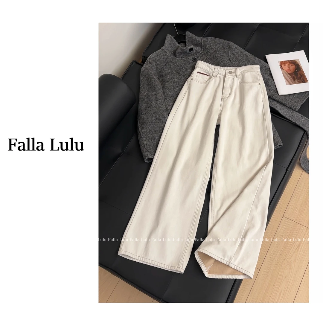 @英子家  加绒加厚保暖拖地裤 高腰休闲显瘦阔腿牛仔裤  C2177