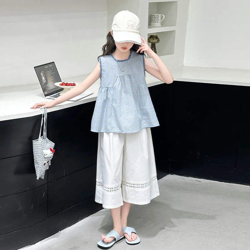 女童夏季套装2025新款韩版洋气大童无袖上衣七分裤灯笼裤两件套潮