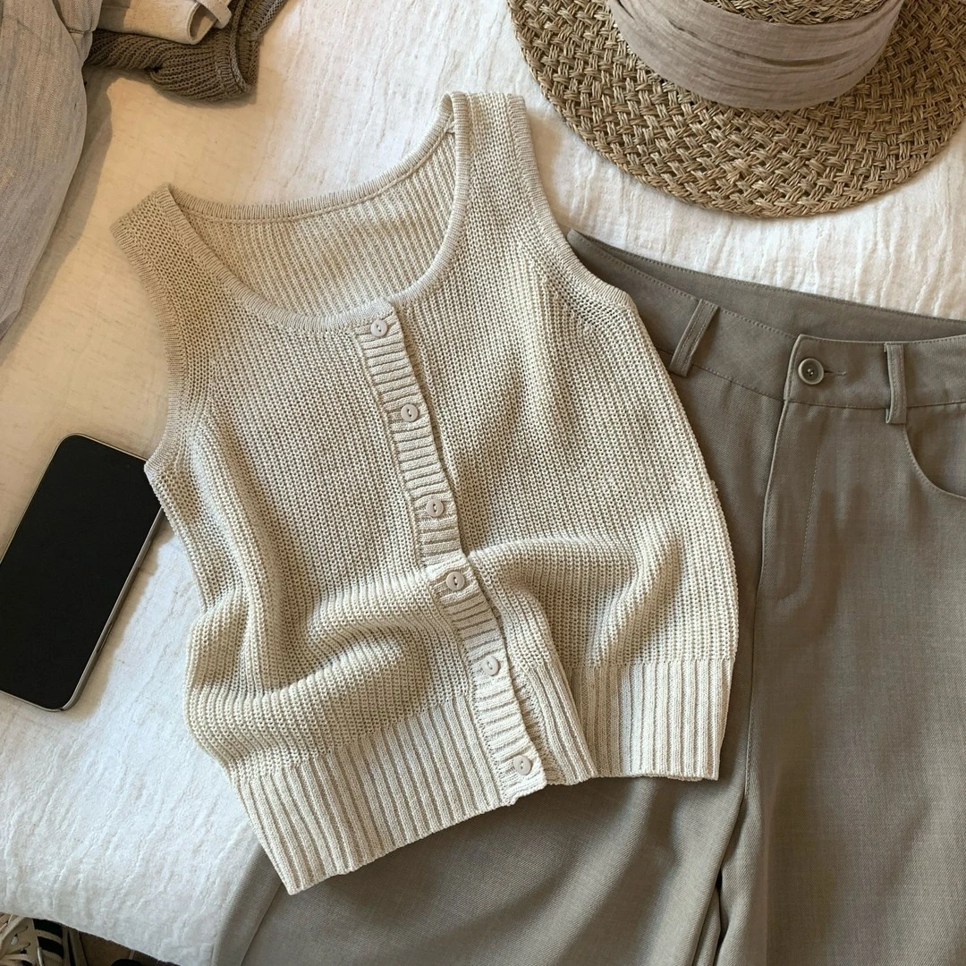 《落日奶油》春夏款百搭纯色针织圆领纽扣短袖T恤上衣