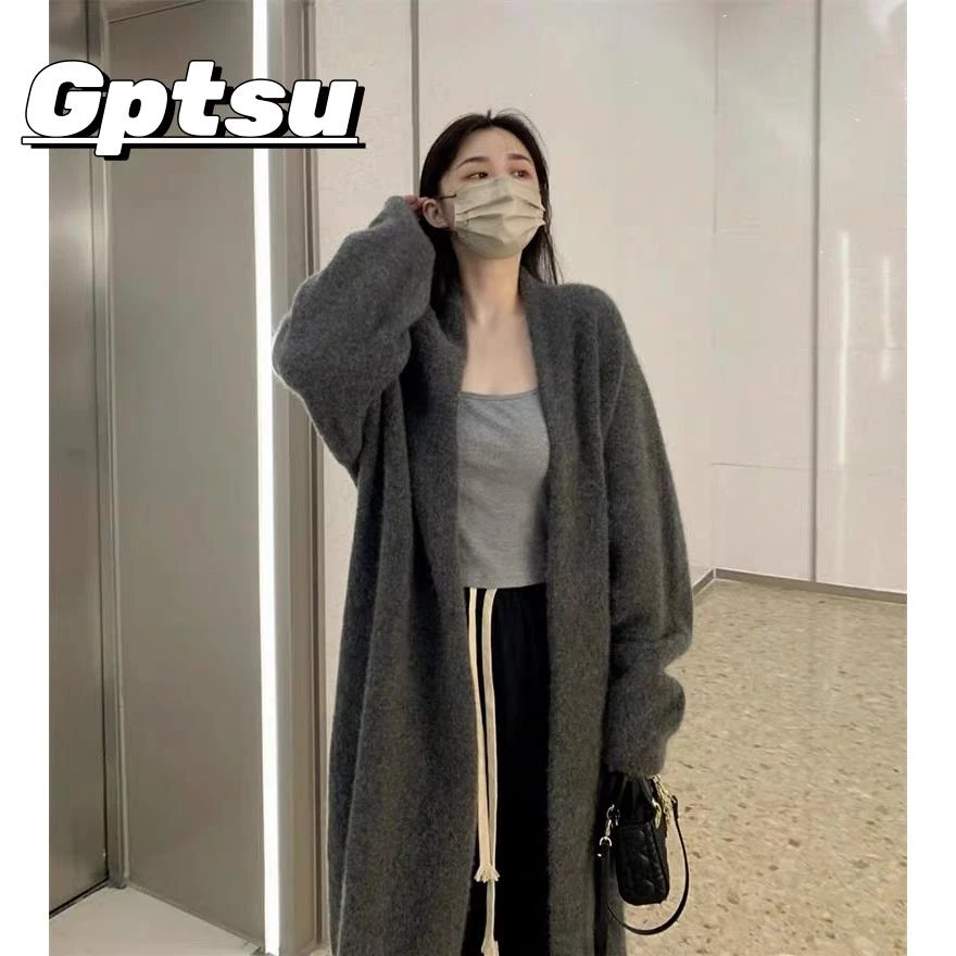 GPTSu灰色长版毛衣外套女春秋新款慵懒风加厚百搭针织衫开衫大衣