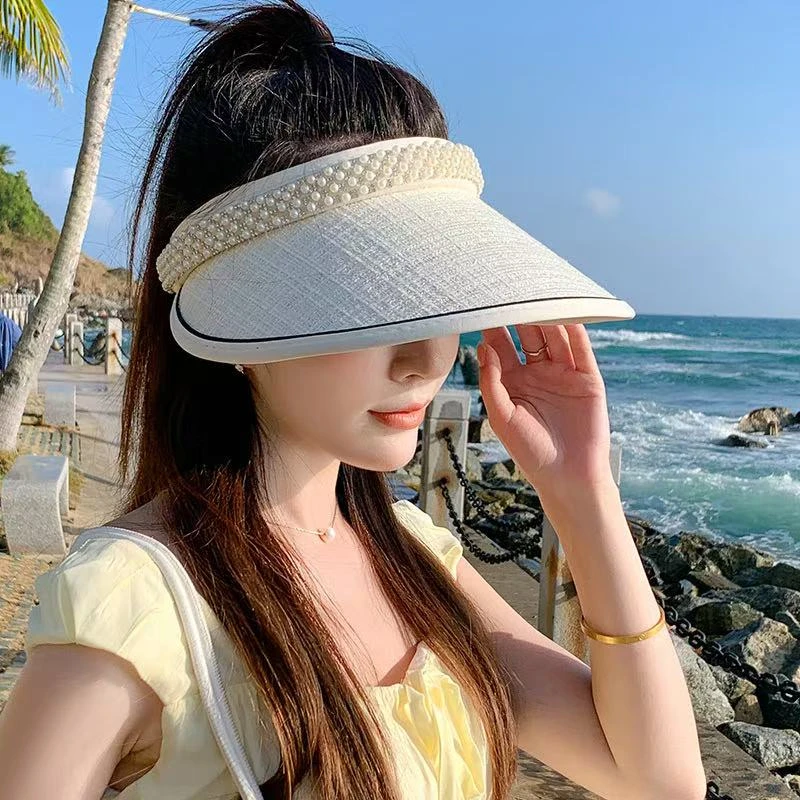 新款夏季防晒遮阳紫外线空顶帽百搭小香风珍珠帽女大檐太阳帽