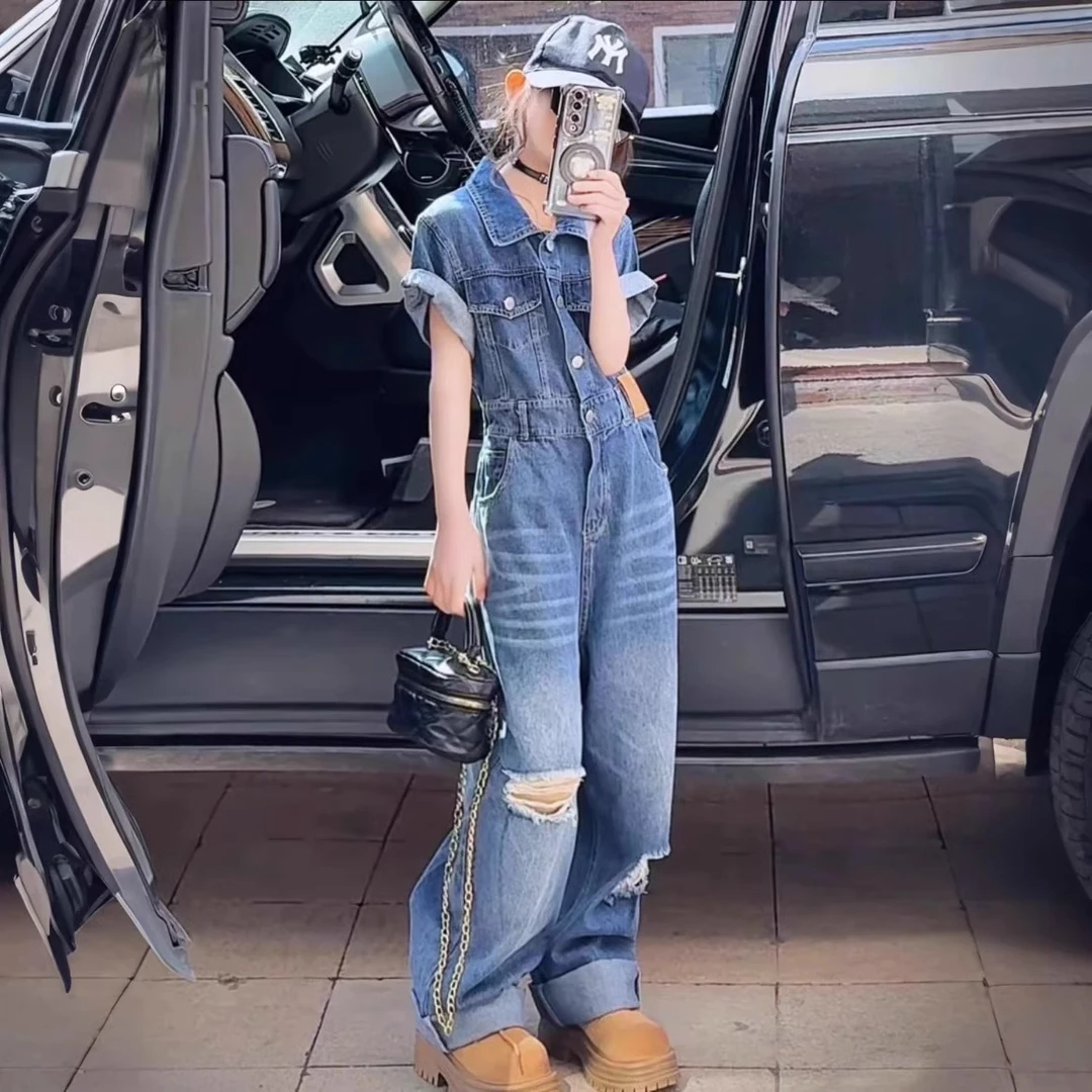 女童高级感牛仔连体裤夏季2025新款中大童美式破洞显瘦阔腿拖地裤