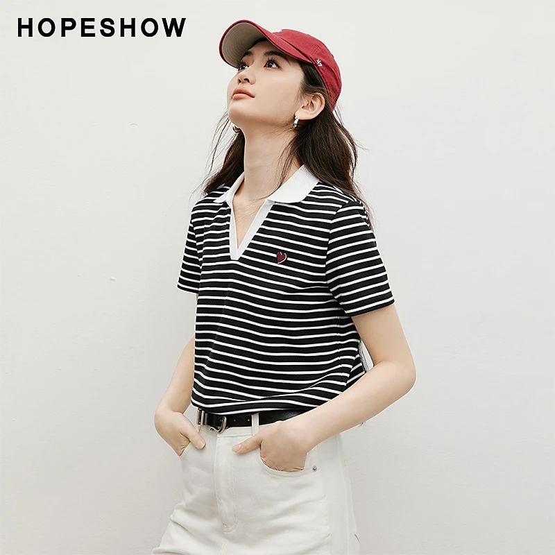 红袖2025春季新款女装 撞色爱心绣正肩V字POLO领T恤90125090201