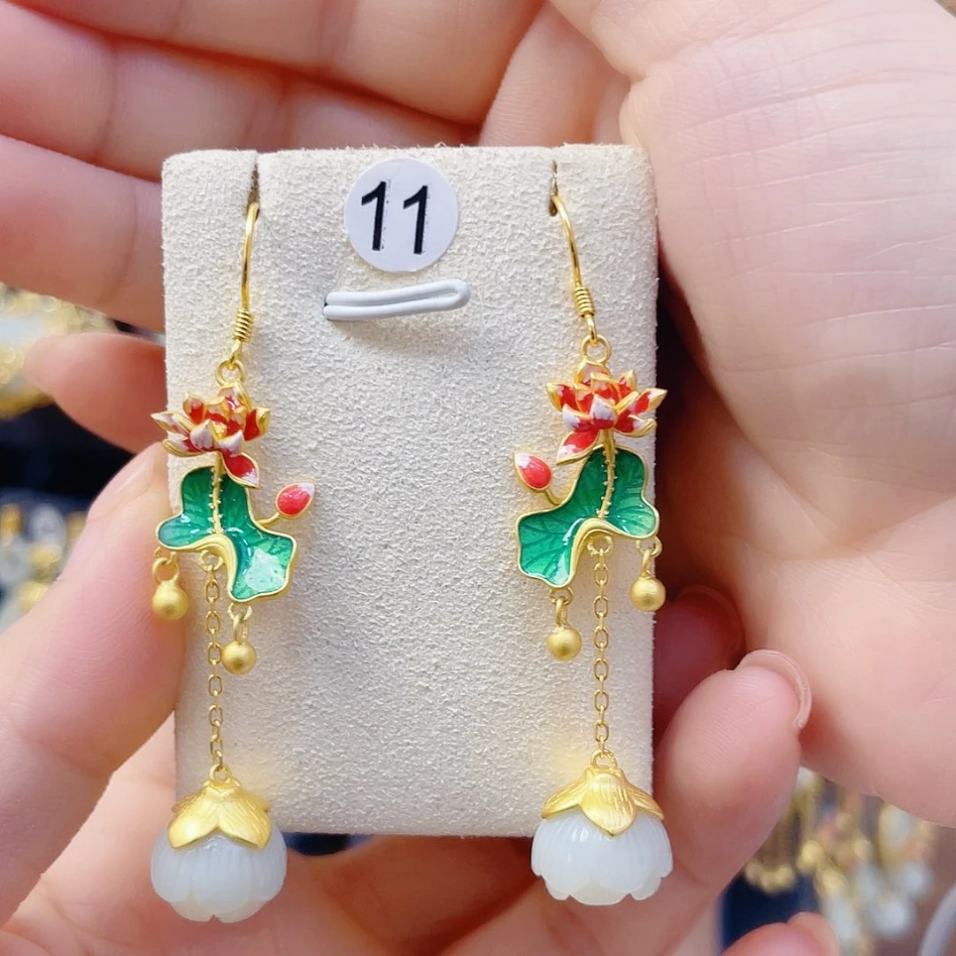 和田玉银S925镀金镶嵌耳饰