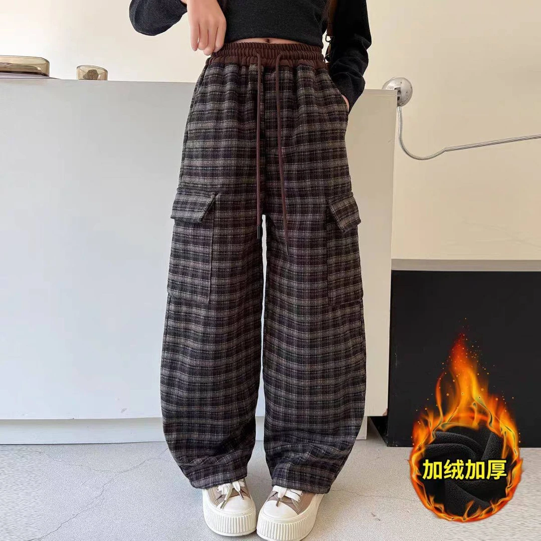 2085大童咖色加绒弯刀工装裤【南五