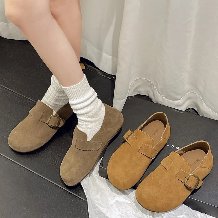 百搭复古勃肯鞋女2025新款春季休闲单鞋全包一脚蹬平底鞋小皮鞋