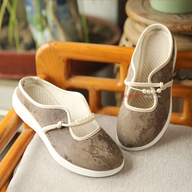 正品官方旗舰店软底缎面居家外穿布拖鞋女时尚串珠禅修鞋休闲女鞋